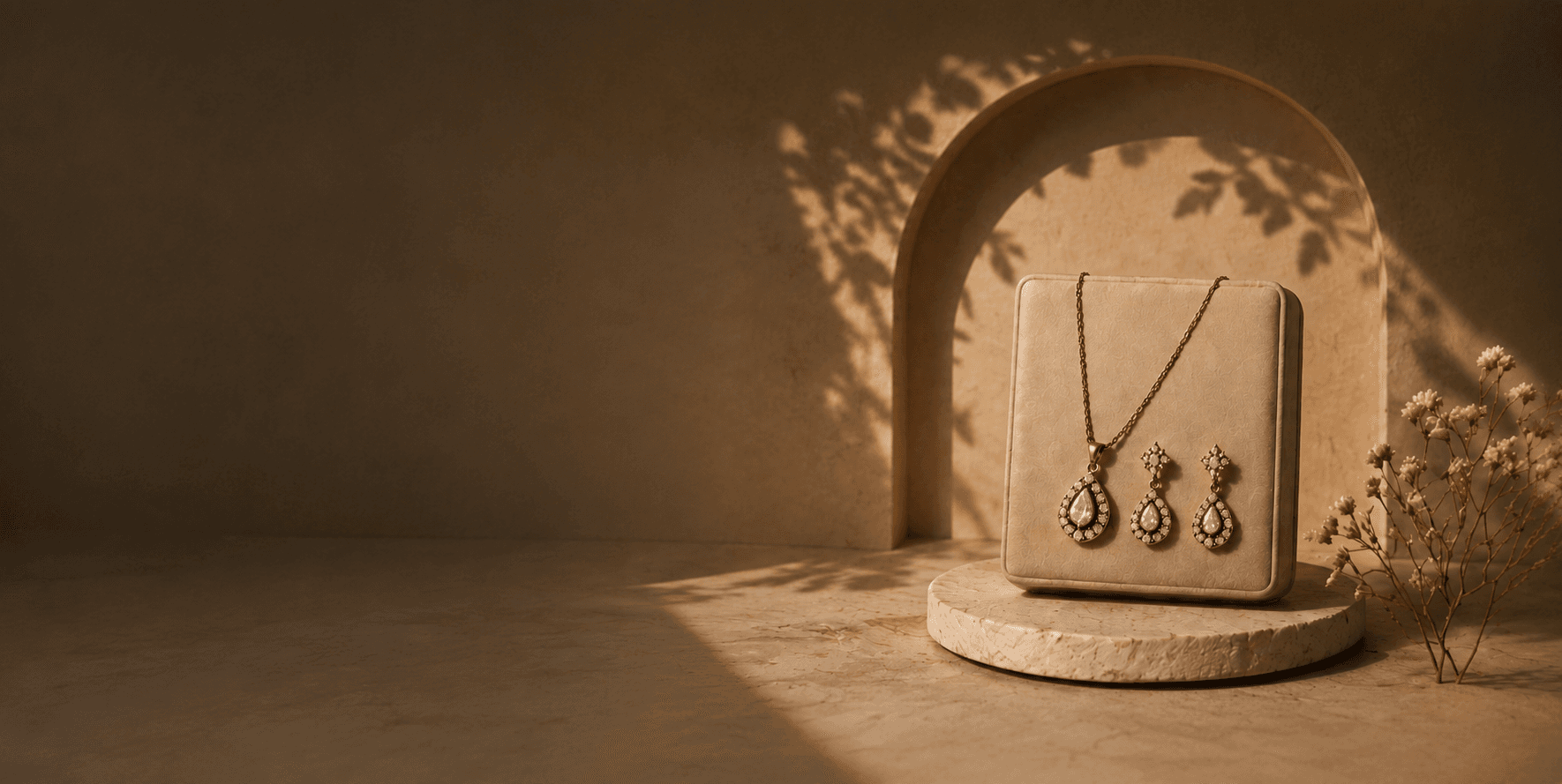 Saaj fashion jewellery displayed in a warm arched setting